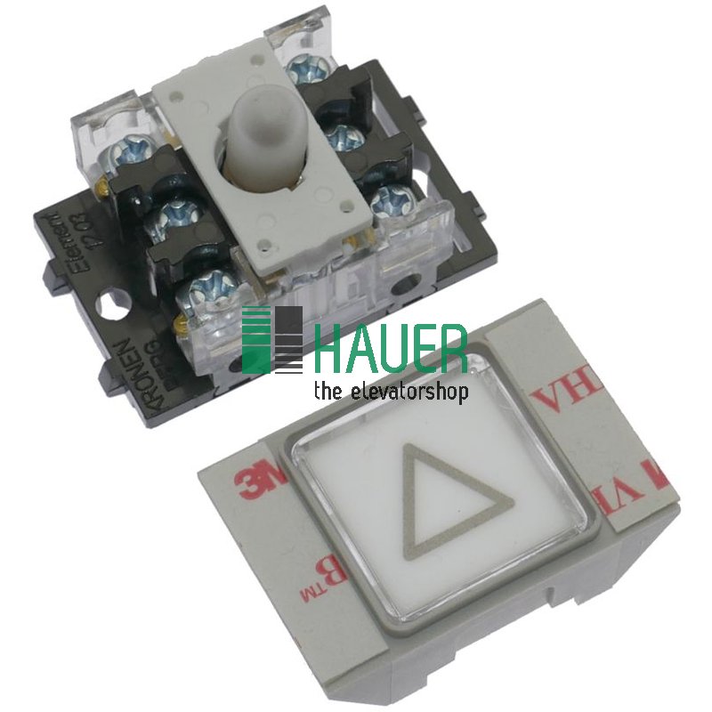 Bouton poussoir, carré, plastique, 24V, NC/NO, flèche vers le haut