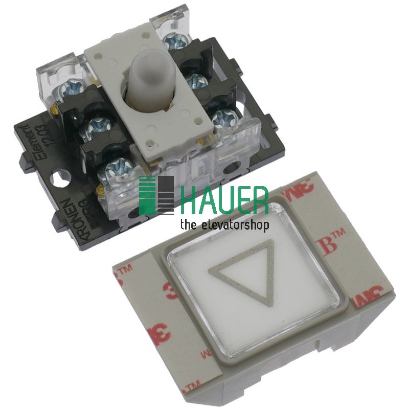Bouton poussoir, carré, plastique, 24V, NC/NO, flèche vers le bas